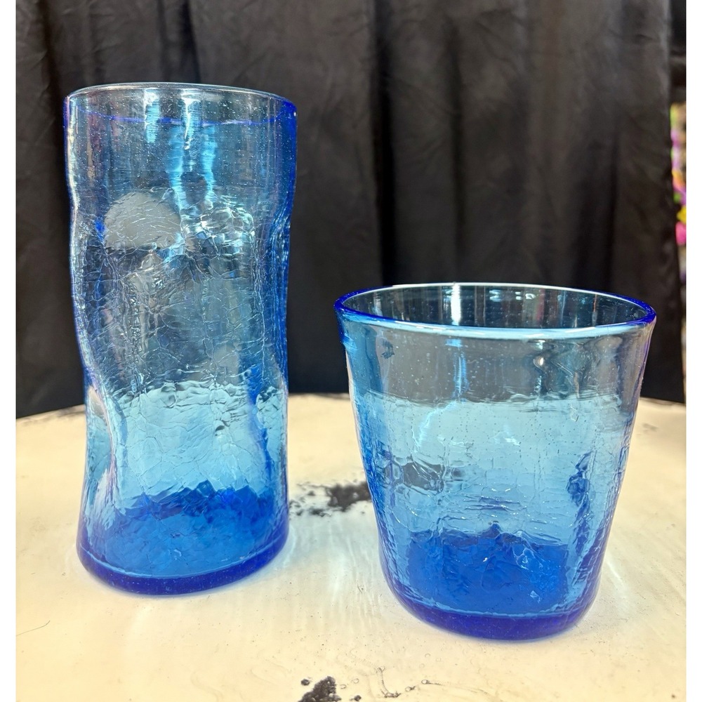 LOT 2! Blenko (??) Vintage Glass Drinking Tumblers Aqua Blue Crackle Glass MCM